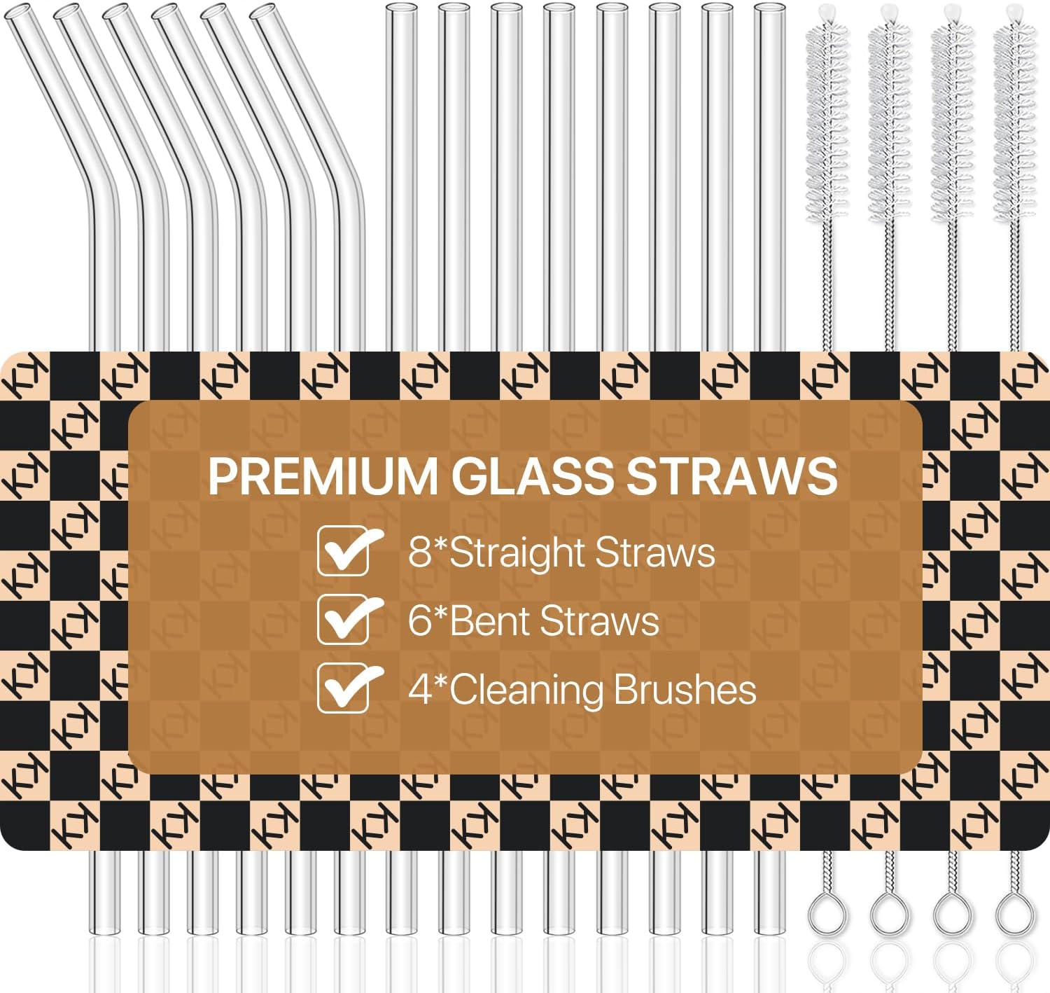 18-Pack Reusable Clear Glass Straws Set - 8 Straight and 6 Bent with 4 Straw Cleaner Brush