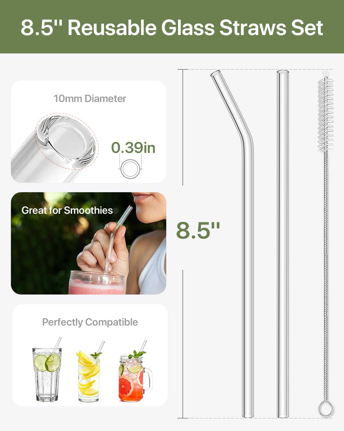 18-Pack Reusable Clear Glass Straws Set - 8 Straight and 6 Bent with 4 Straw Cleaner Brush