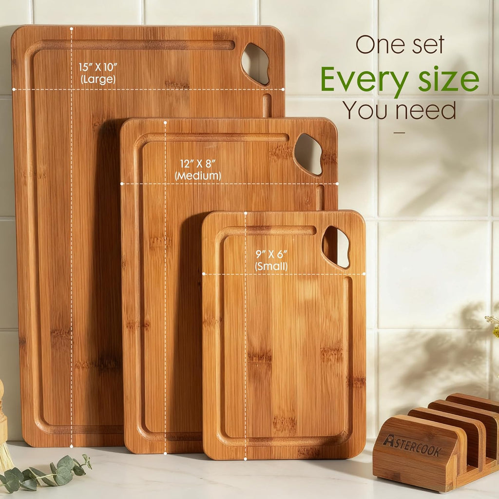 Deep-Carbonized Bamboo Cutting Boards for Kitchen with Wood Storage Stand, Reversible Charcuterie & Chopping Boards with Juice Grooves and Easy-Grip Handles, Knife-Friendly