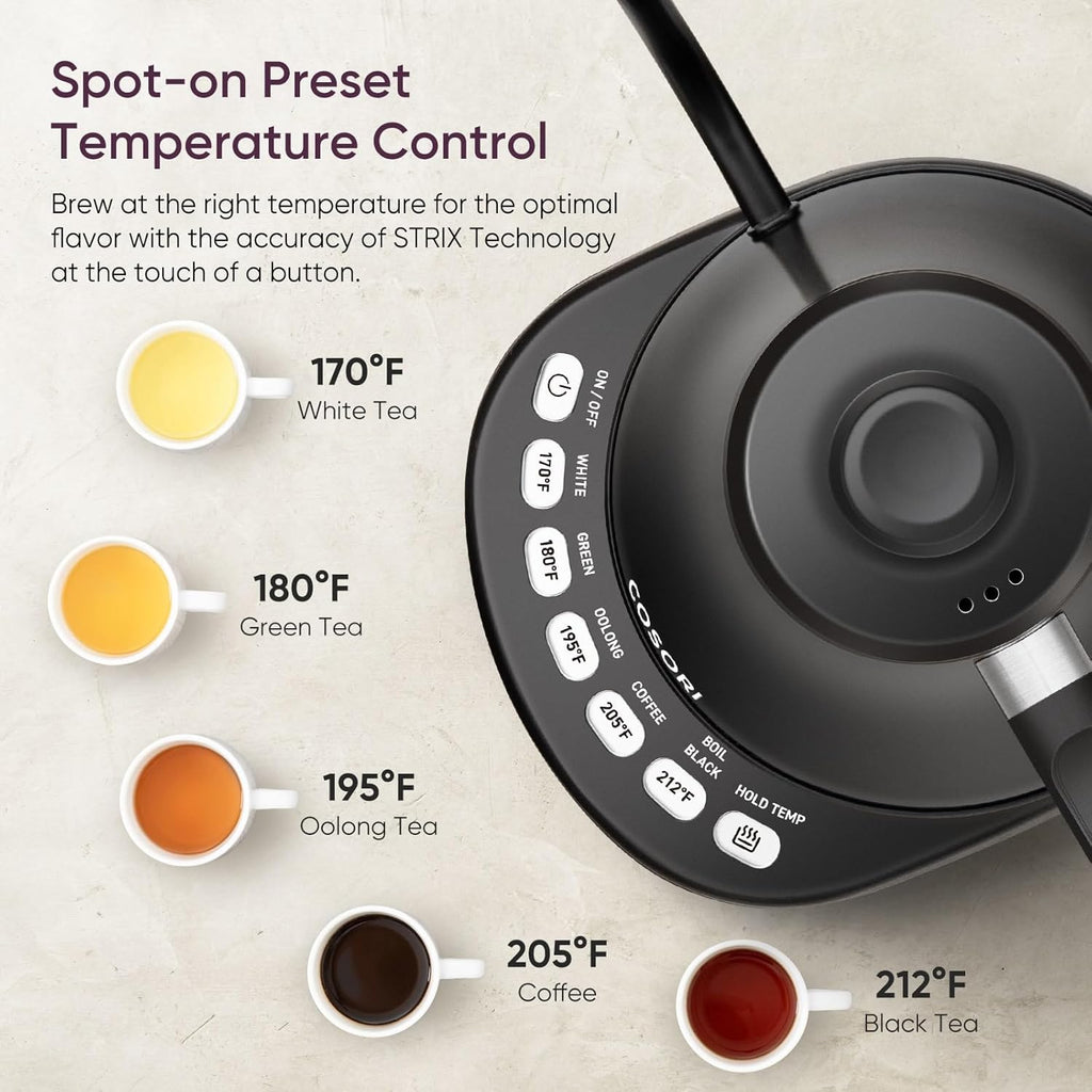 Electric Gooseneck Kettle with 5 Temperature Control Presets, 100% Stainless Steel Inner Lid & Bottom, 1200W/0.8L