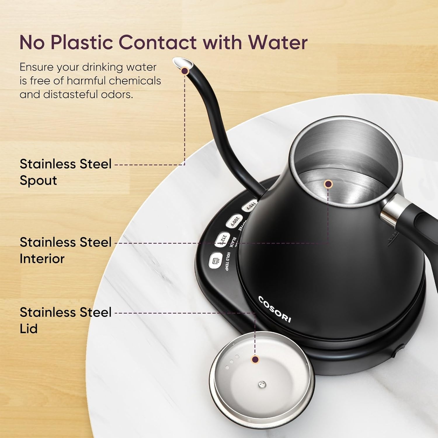 Electric Gooseneck Kettle with 5 Temperature Control Presets, 100% Stainless Steel Inner Lid & Bottom, 1200W/0.8L