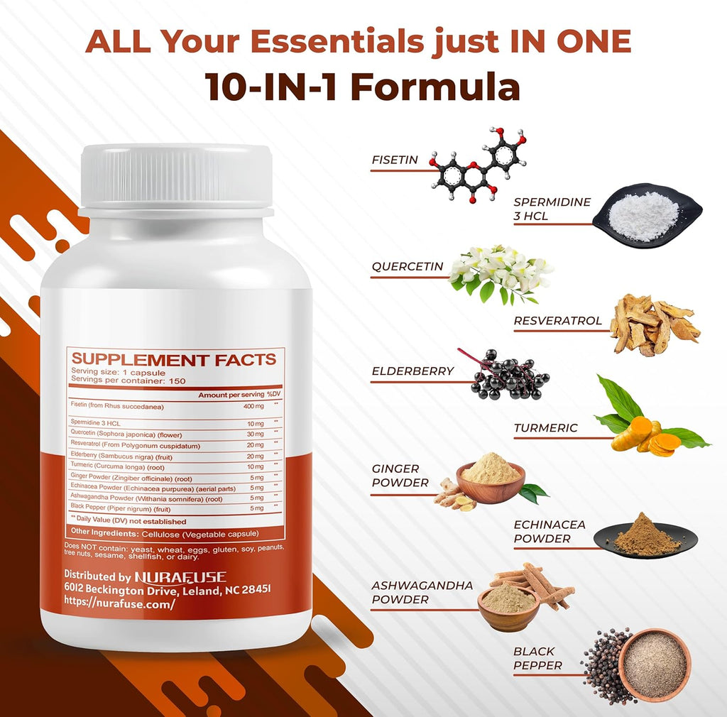 Fisetin 10-in-1 Formula with Non-GMO, Gluten-Free, Soy-Free