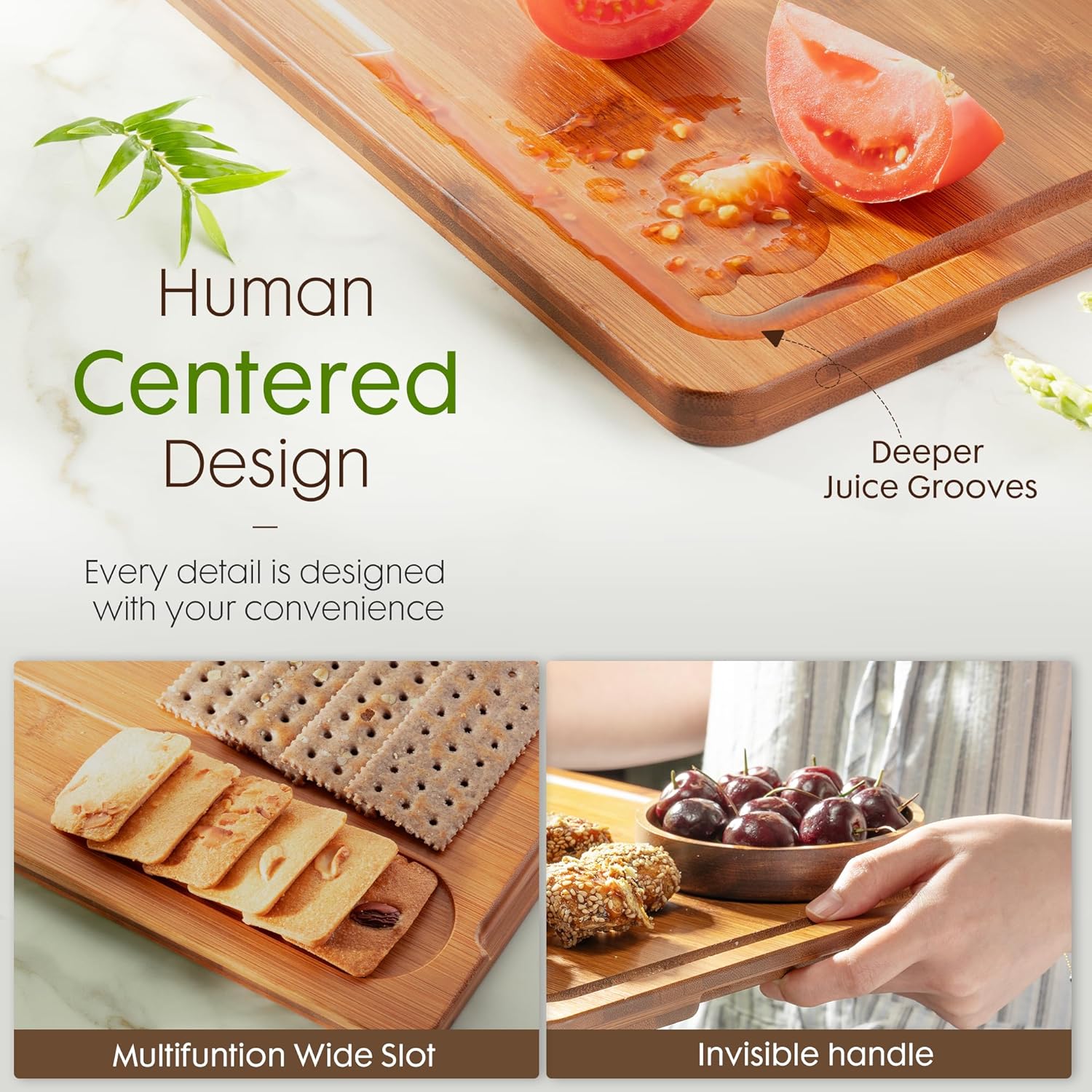 Deep-Carbonized Bamboo Cutting Boards for Kitchen with Wood Storage Stand, Reversible Charcuterie & Chopping Boards with Juice Grooves and Easy-Grip Handles, Knife-Friendly