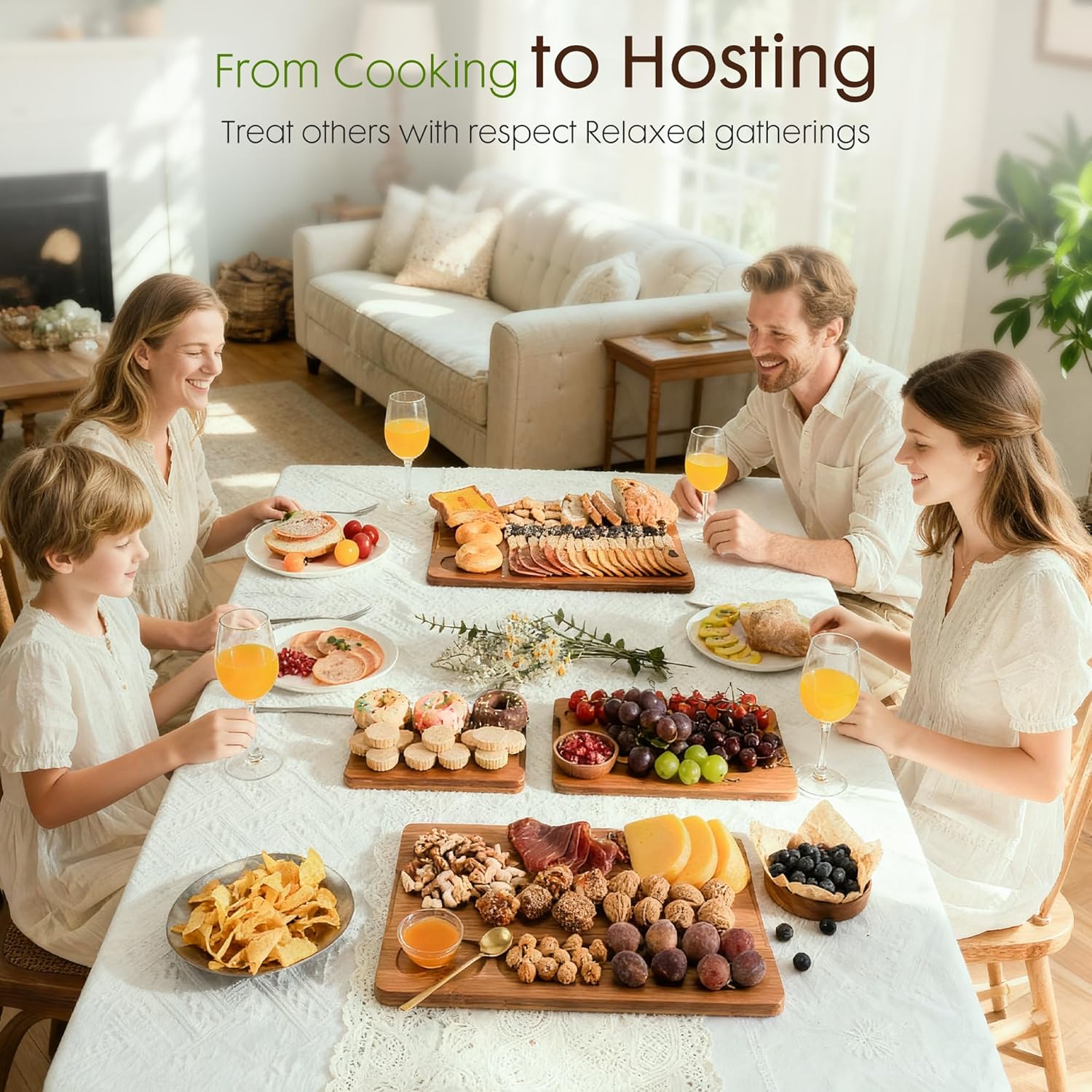 Deep-Carbonized Bamboo Cutting Boards for Kitchen with Wood Storage Stand, Reversible Charcuterie & Chopping Boards with Juice Grooves and Easy-Grip Handles, Knife-Friendly